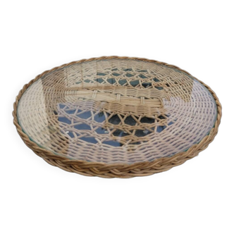 Round woven wicker and glass tray