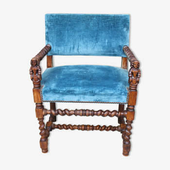 Fauteuil de bureau bleu style Louis XIII