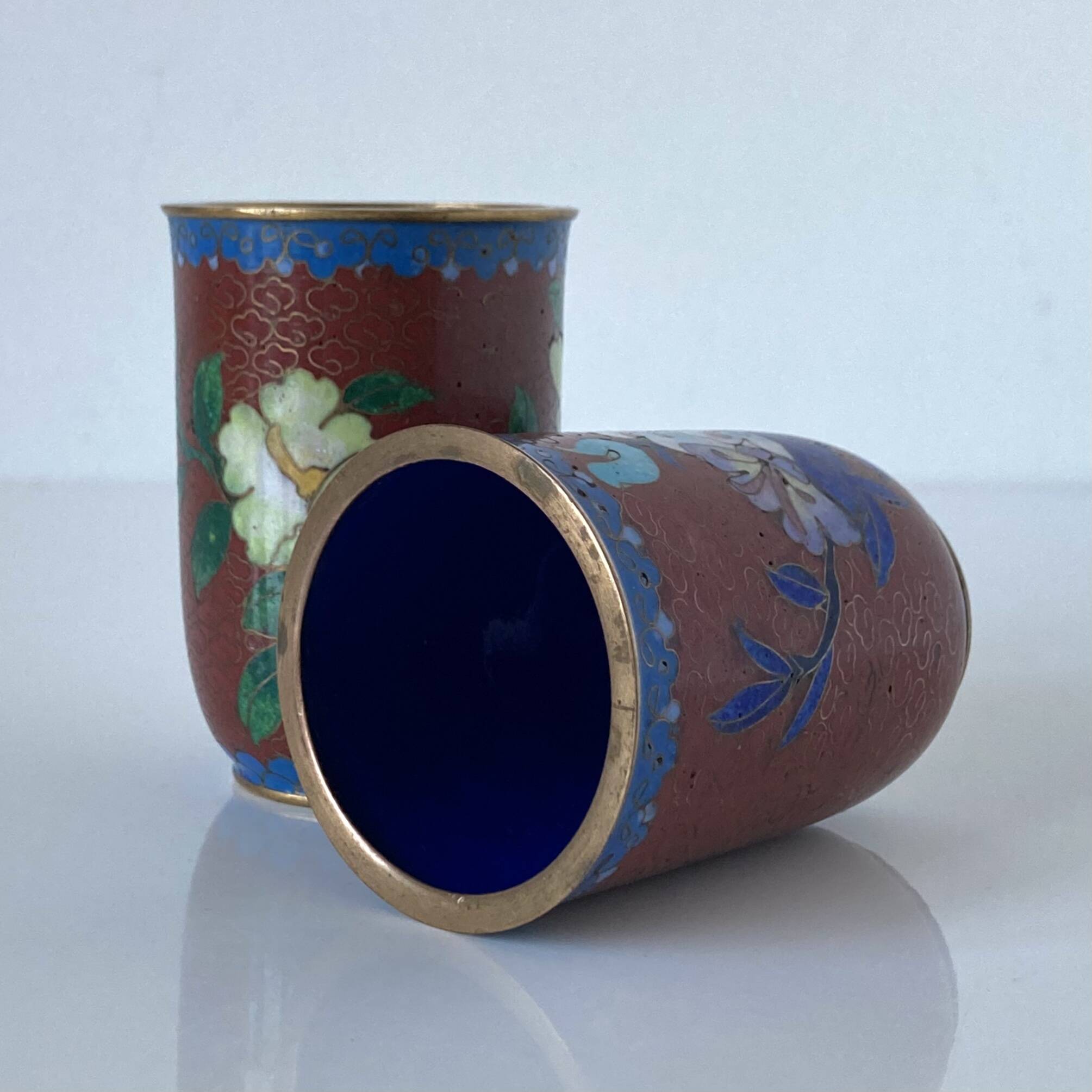 Two miniature vases in gilded copper and polychrome cloisonné enamels. Vintage Chinese work.