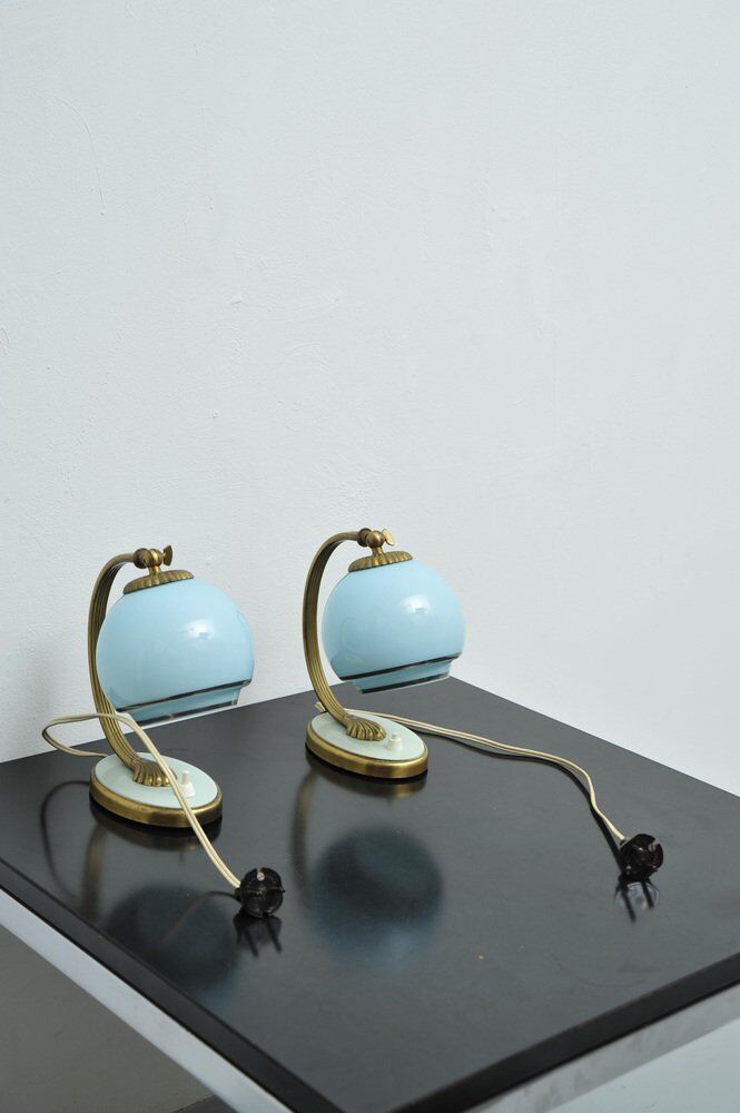 Set of 2x Bedside lamps with blue glass and bronze feet, 1930s