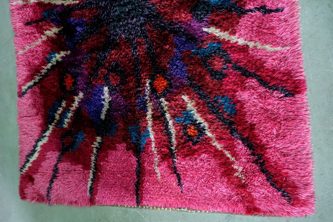 Abstract Scandinavian  Hand-Knotted High Pile Rya Rug Carpet, Sweden, 1960s