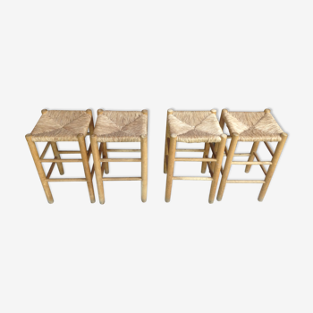 Ensemble de 4 tabourets style bohême chic en bois et paille