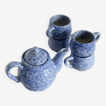 Vintage tea set for 4 people, speckled blue ceramic