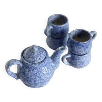 Vintage tea set for 4 people, speckled blue ceramic