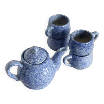 Service à thé vintage 4 personnes céramique bleue mouchetée