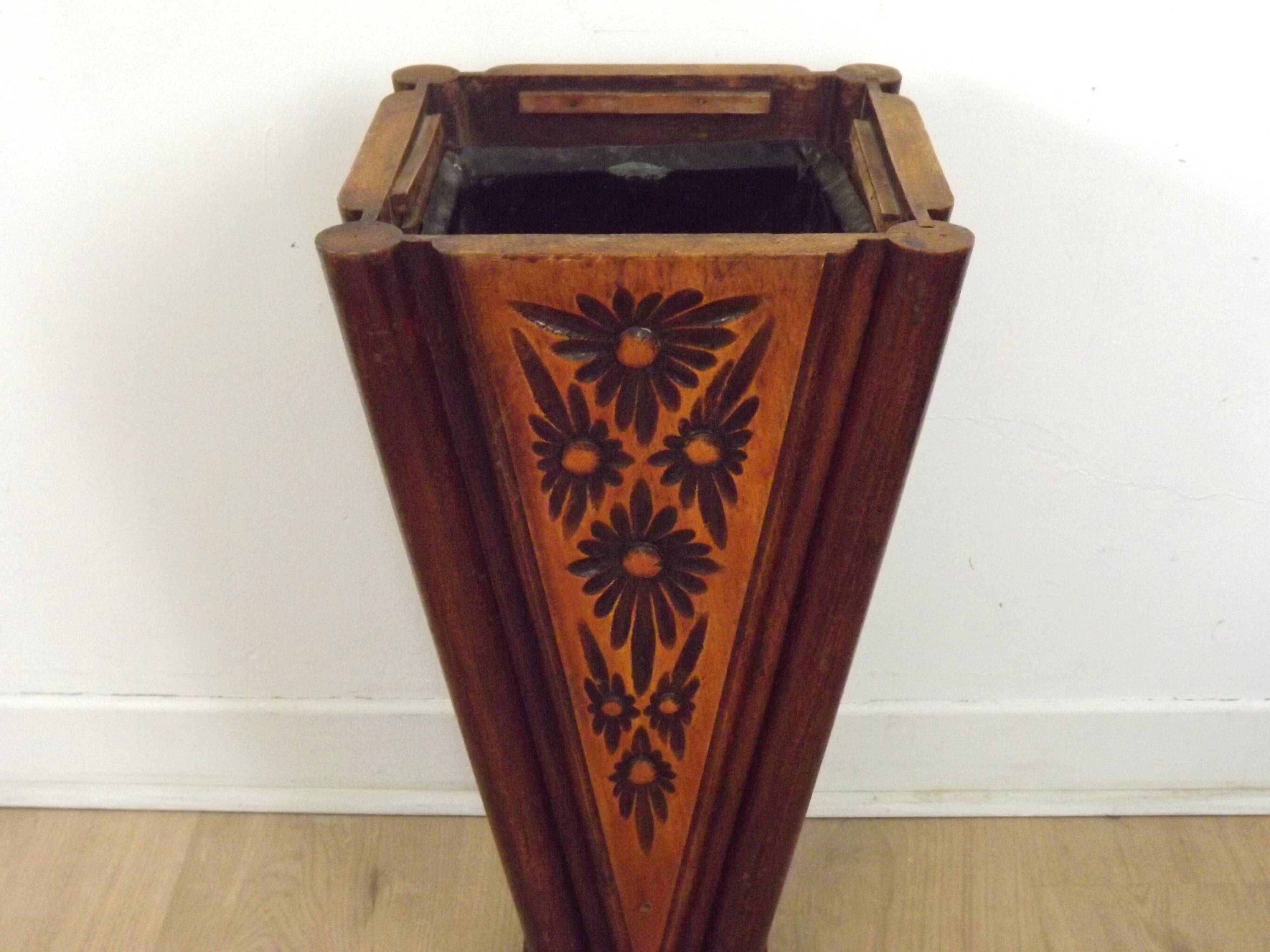 French antique oak tin-lined hand-carved umbrella stand with flower decoration.