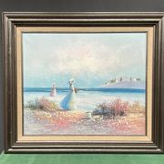 J. Miller. "Promenade au bord de la rivière". Huile sur toile. Impressionnisme.