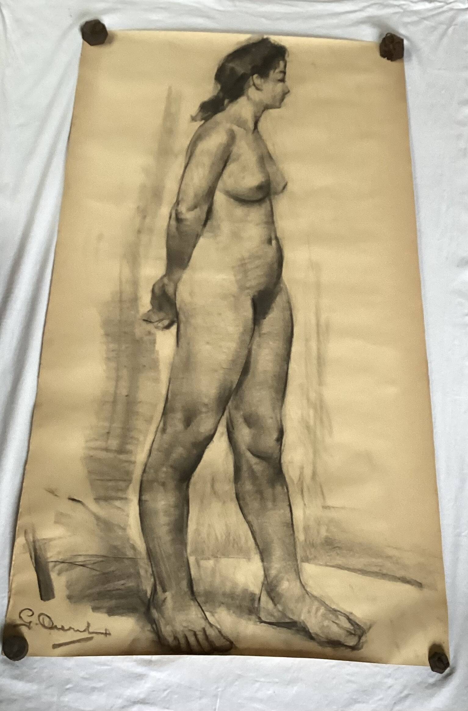 Large drawing of a nude woman signed around the 1940s dimension: height -150cm- width -80cm-