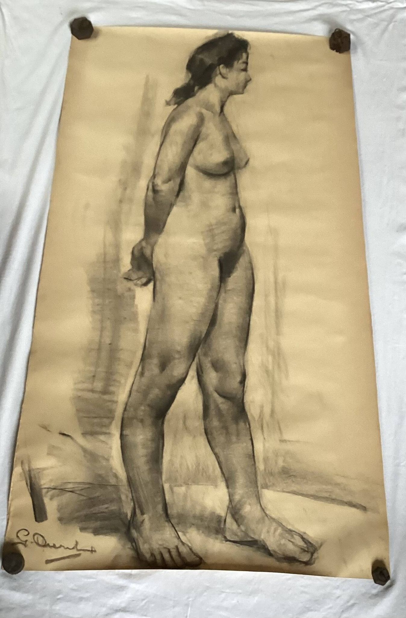 Large drawing of a nude woman signed around the 1940s dimension: height -150cm- width -80cm-