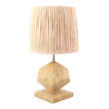 Beige marble lamp, raffia shade, 1970s.