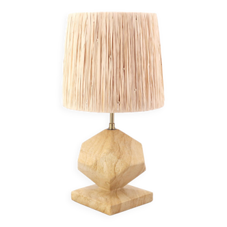 Lampe beige en marbre, abat jour en raphia, années 70