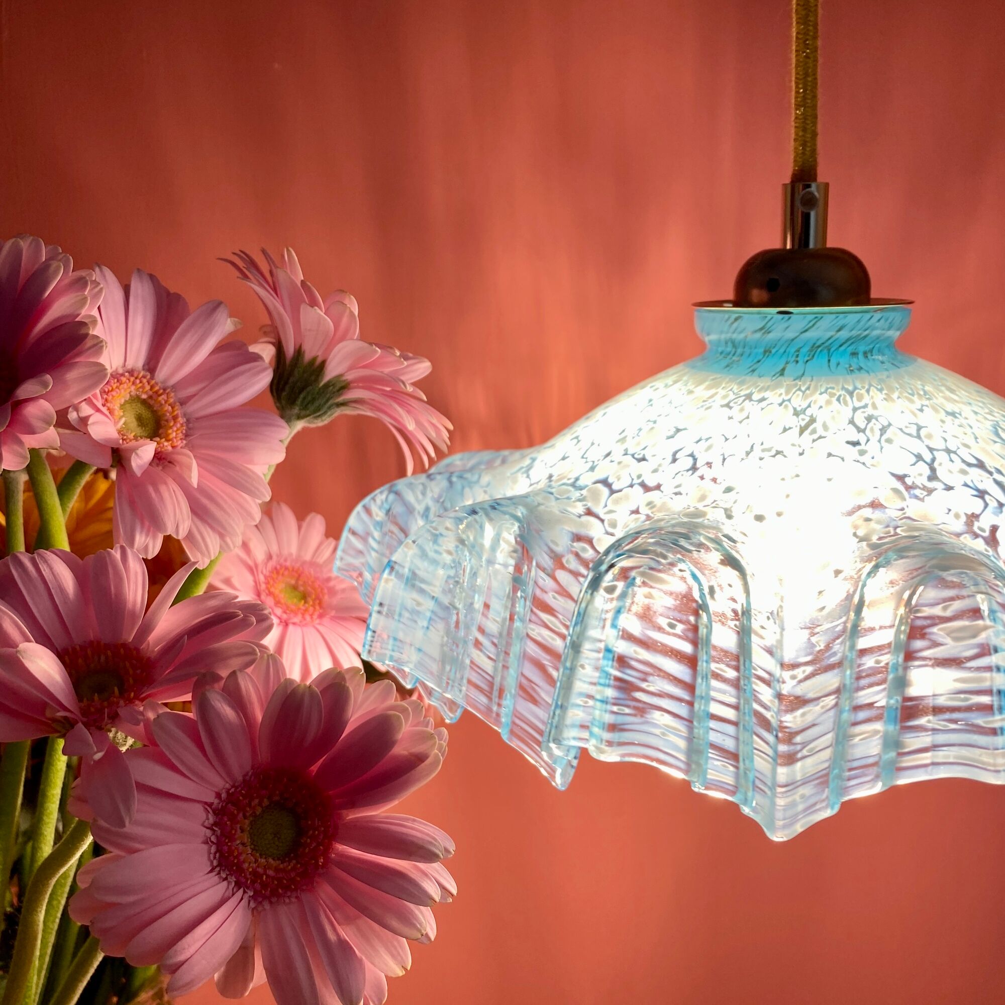 Vintage aabt-jour pendant lamp in blue Clichy glass