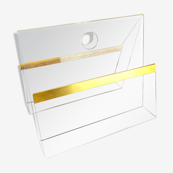 Vintage acrylic magazine rack with gold details