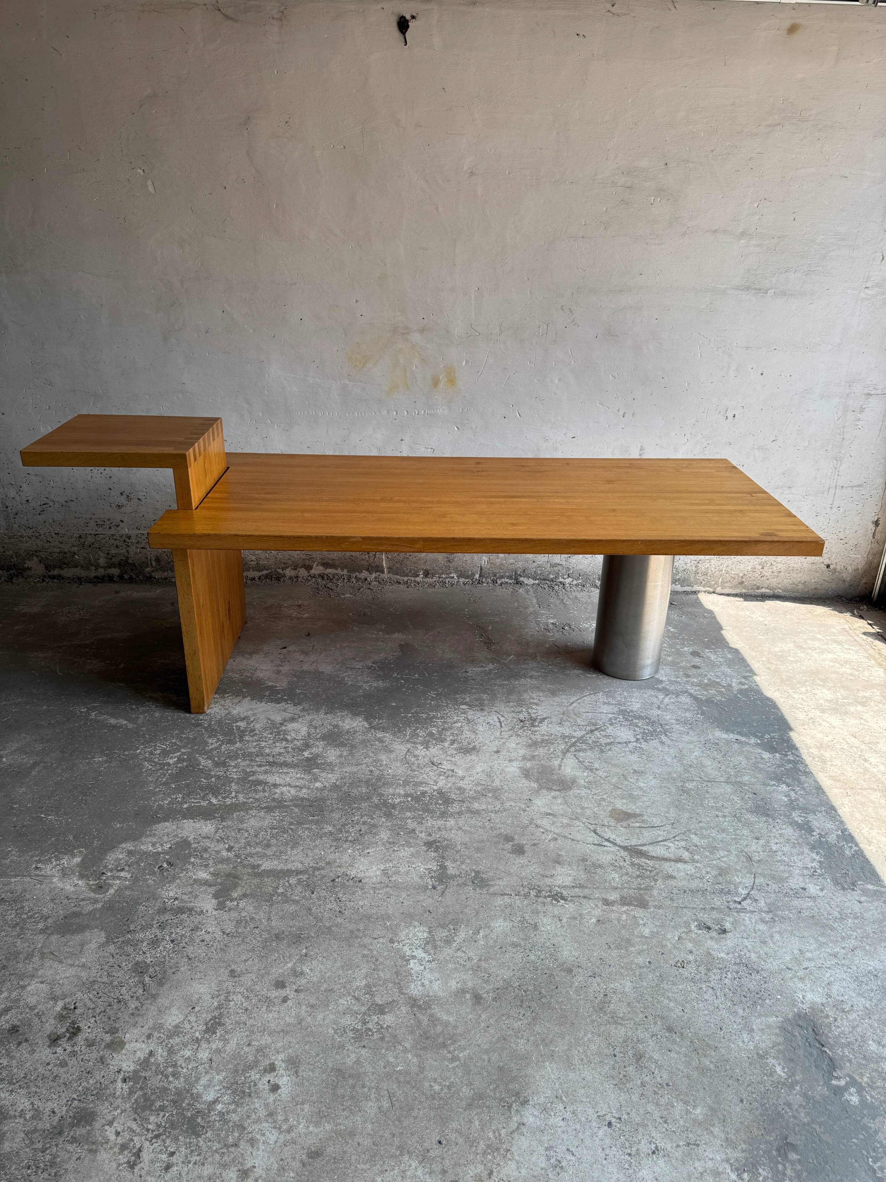 Geometric Brutalist Dining Table — Natural Wood Top with Metal Support, 1980s Architectural Design