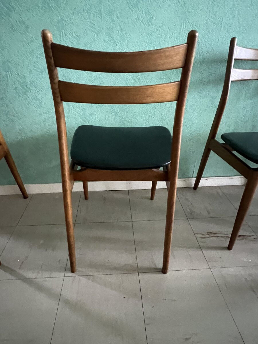 Set of six vintage scandinavian chairs. black faux leather seat, eros edition from around 1960.