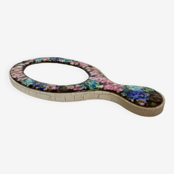 Hand mirror enameled plate on wood