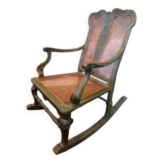 19th century Japanese rocking chair, green lacquer and canework