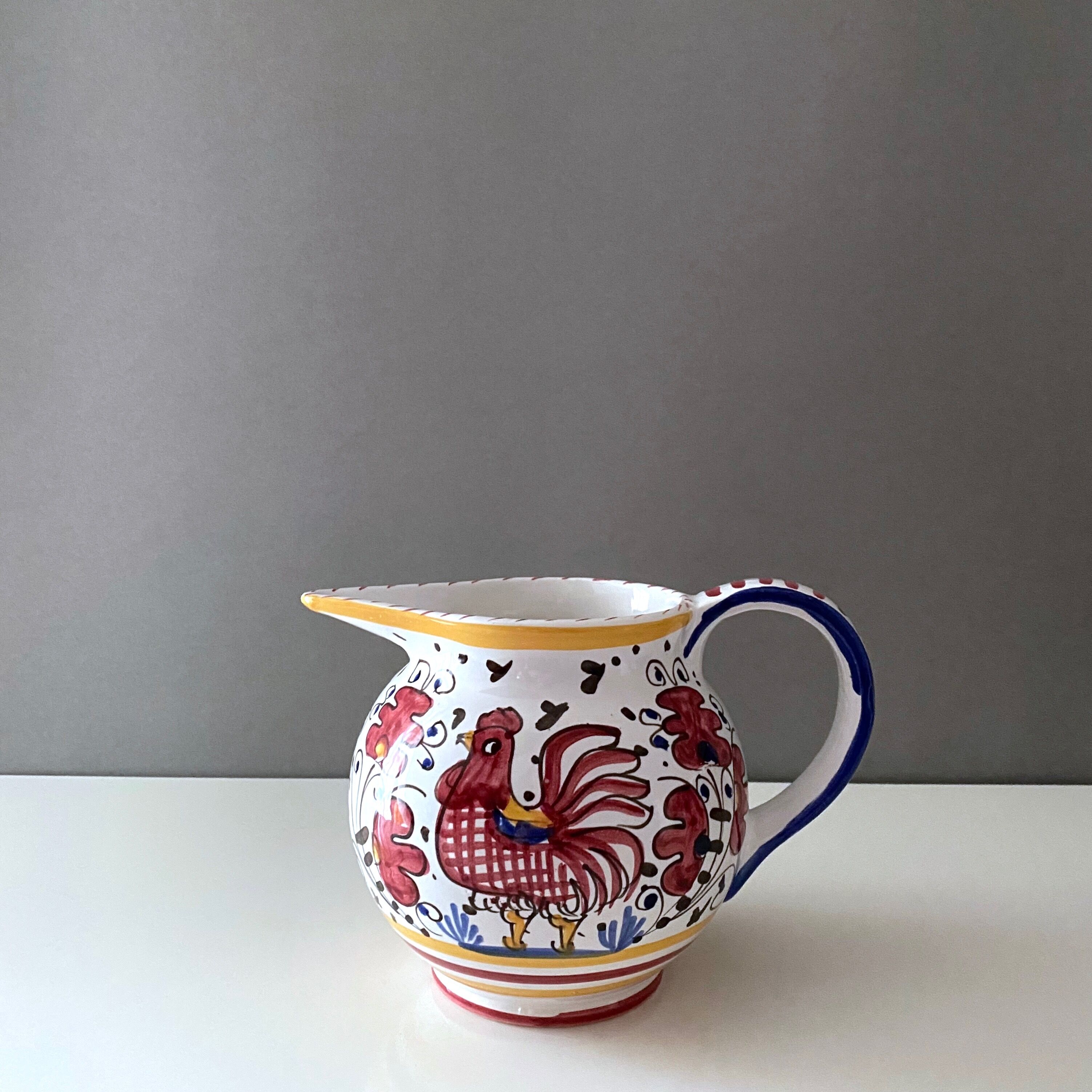 Vintage jug by Deruta Etrusca red rooster, Italy, majolica, ceramic hand painted