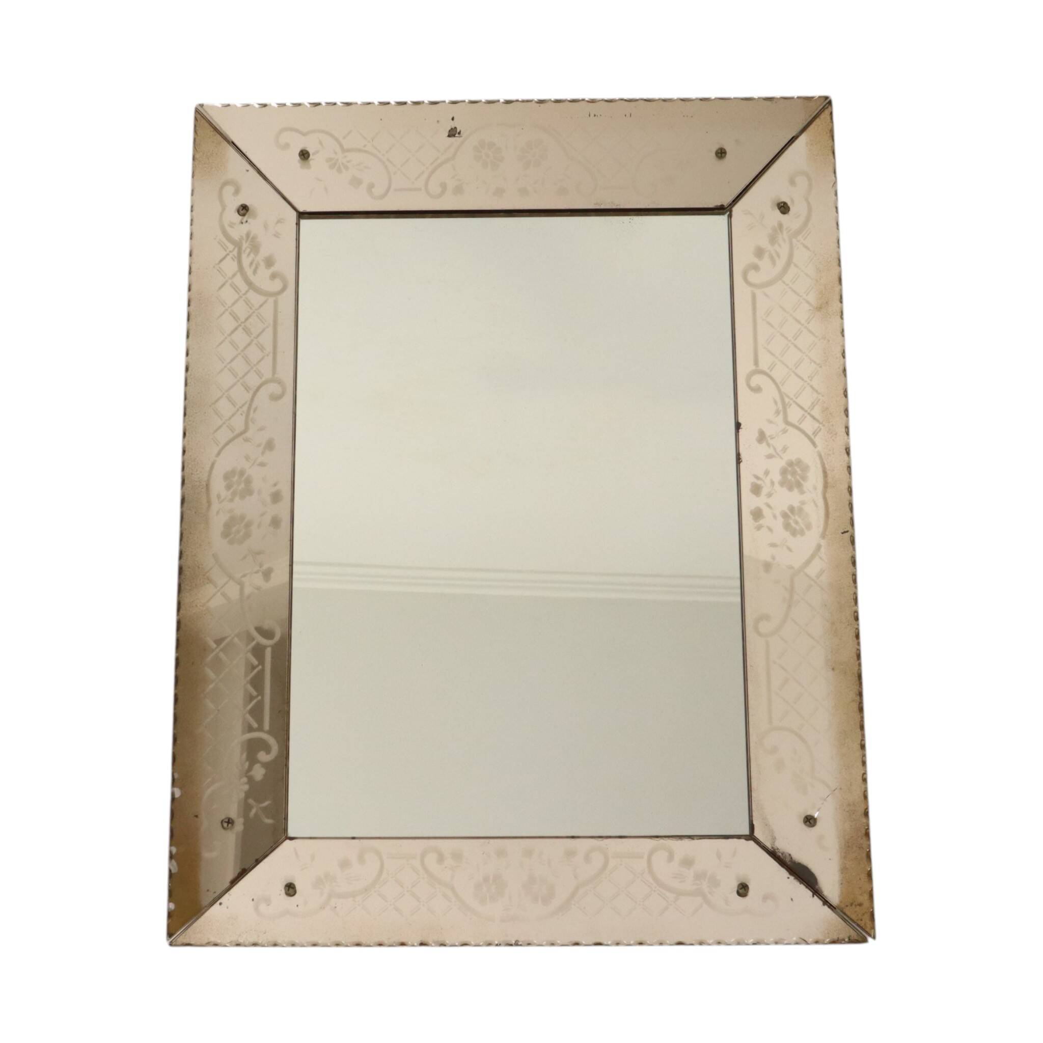 Large Venetian mirror, pink glass with engraved flowers, 77 cm