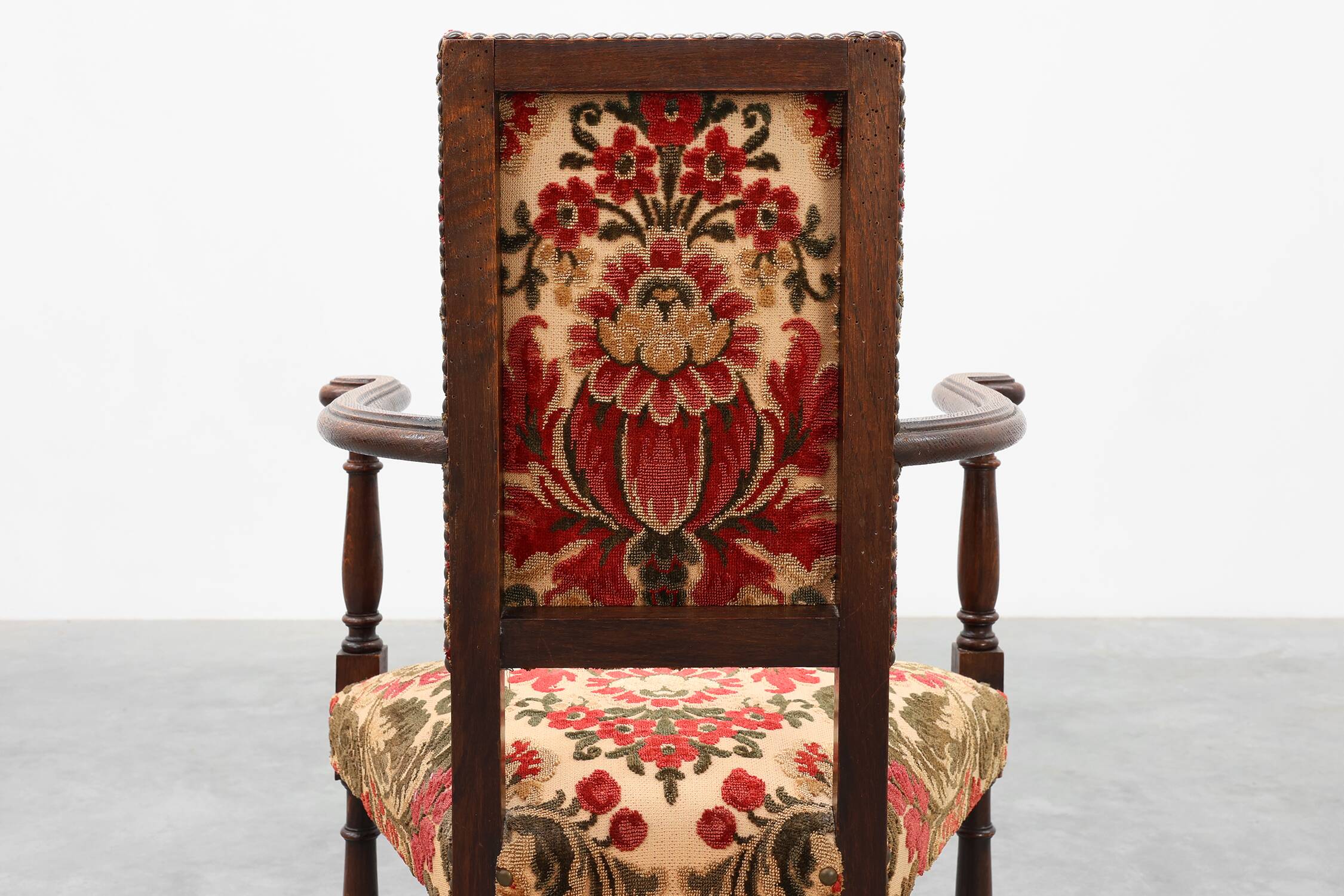 Antique oak Louis XIII style chair with floral upholstery, France ca. 1890