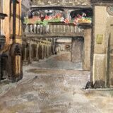 Watercolor vintage village view