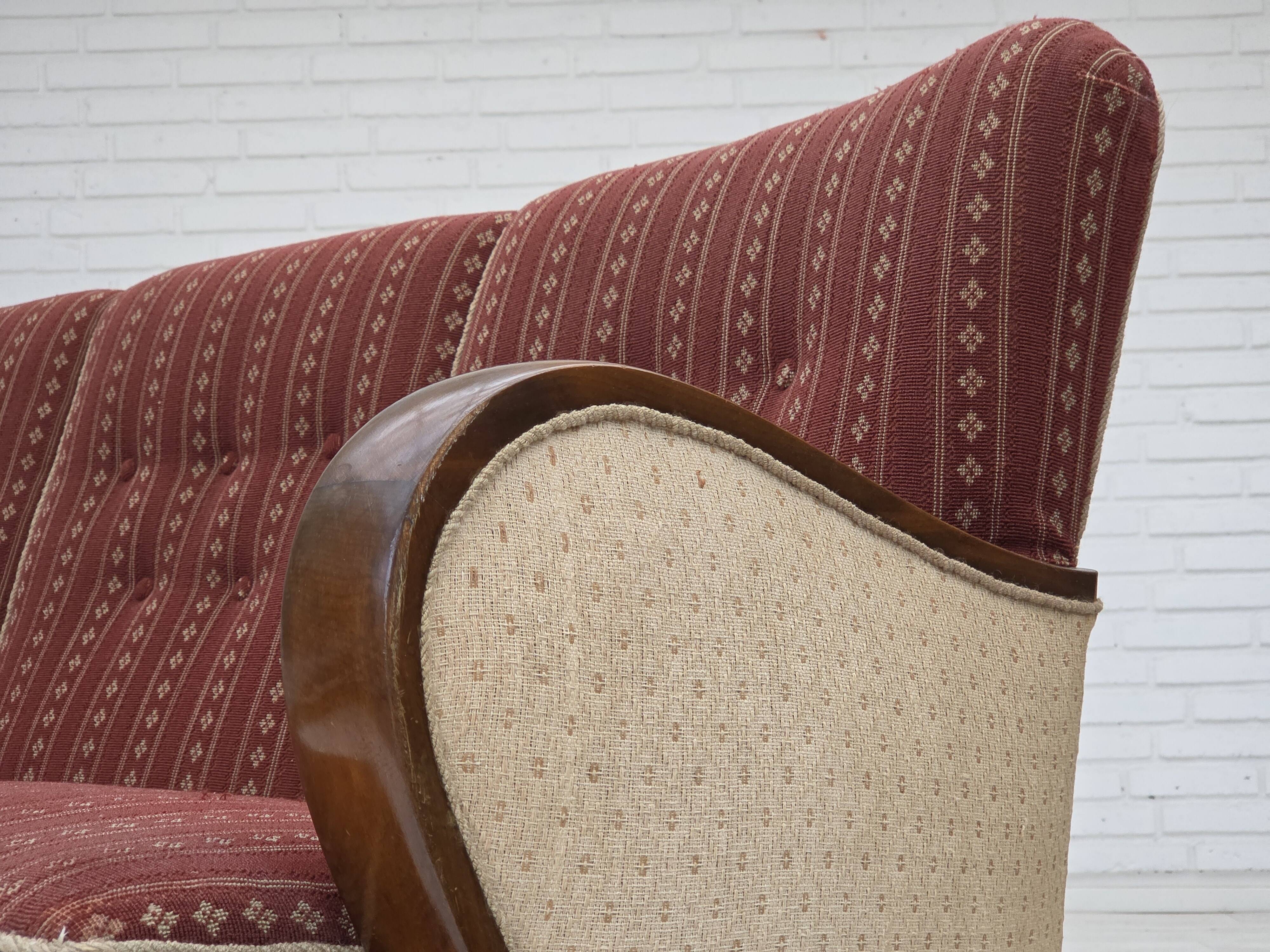 1960s, Danish 3-seater sofa, red furniture wool, beech wood.