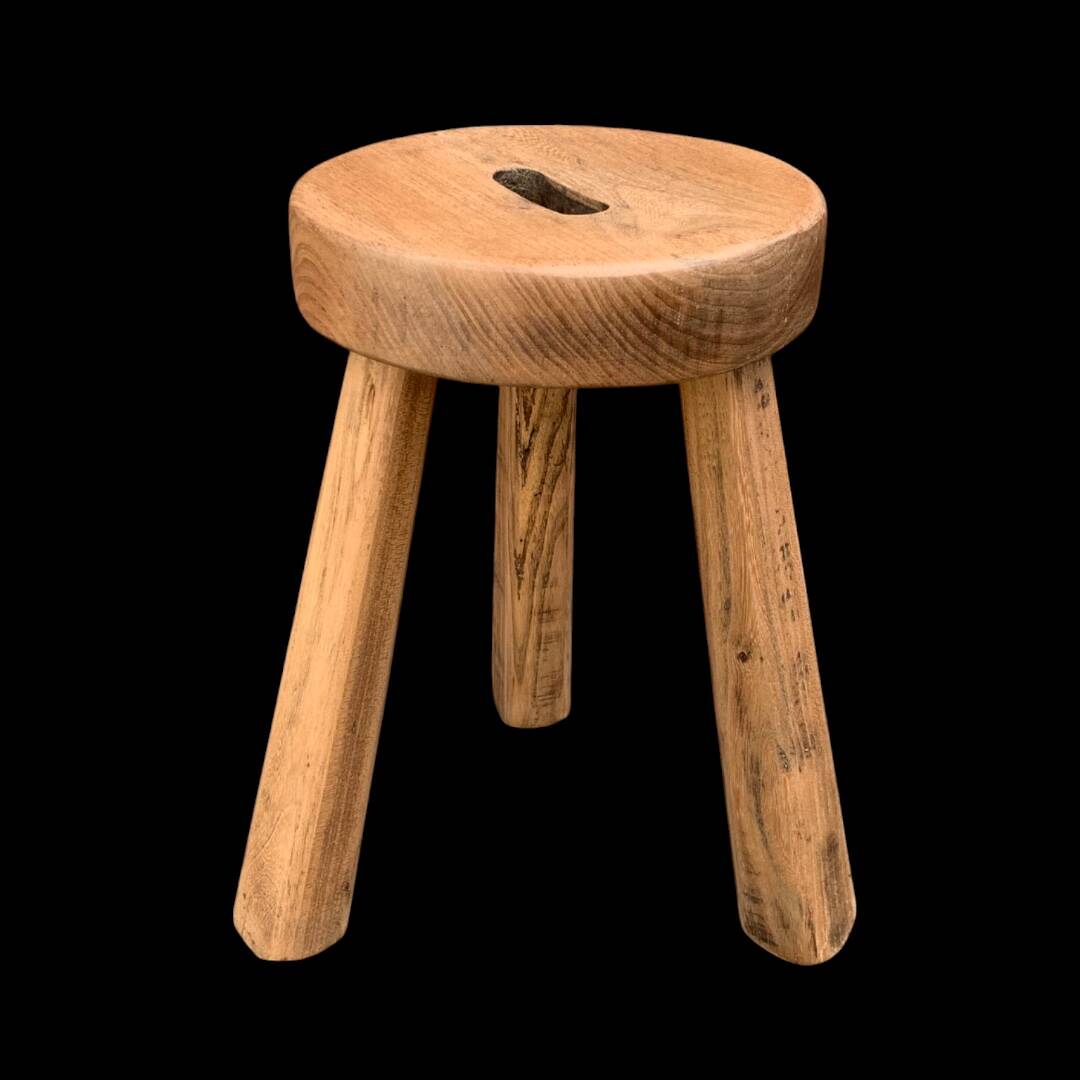 Antique brutalist tripod stool in solid wood