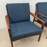 Set of 2 Scandinavian design teak armchairs from the 60s, new blue fabric