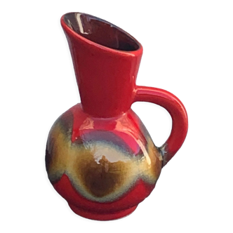 Red and beige glazed ceramic jug, pitcher, carafe, designer and vintage