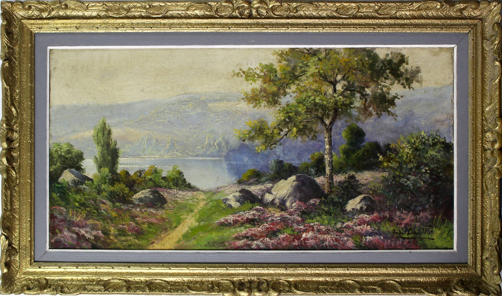 large painting of lake and countryside