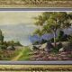 large painting of lake and countryside