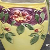 Yellow glazed ceramic slip vase with hawthorn pink flower motif