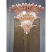 Luxury Pair of Pink “Palmette” Murano Glass Chandeliers in Mid-Century
