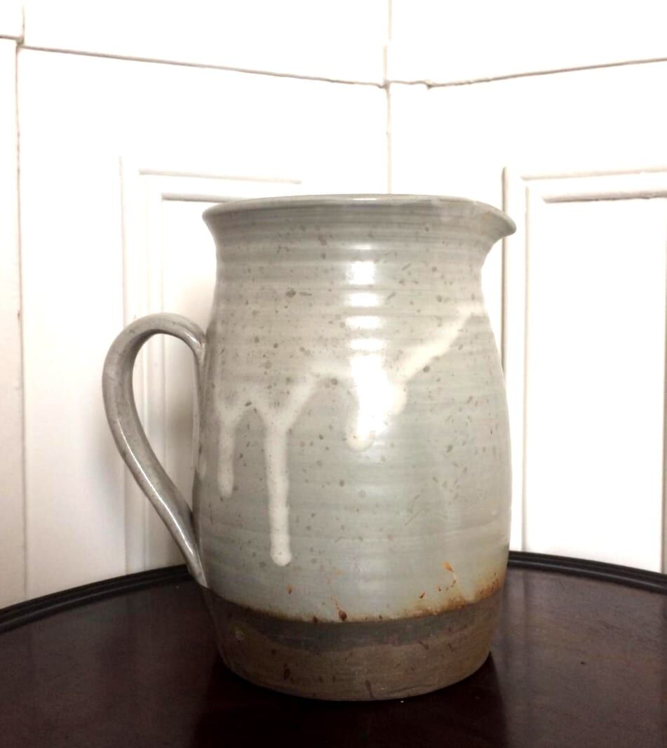 Enamelled sandstone jug signed vintage