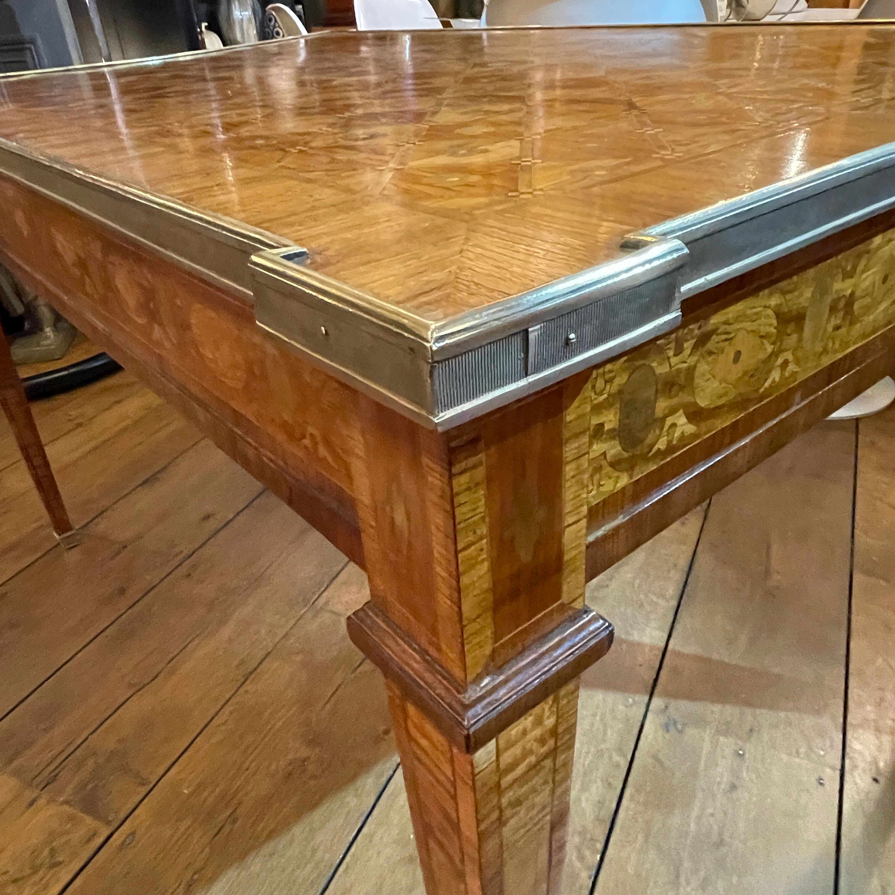 Louis XVI Directoire desk table richly inlaid, brass belt and 2 drawers, 19th century