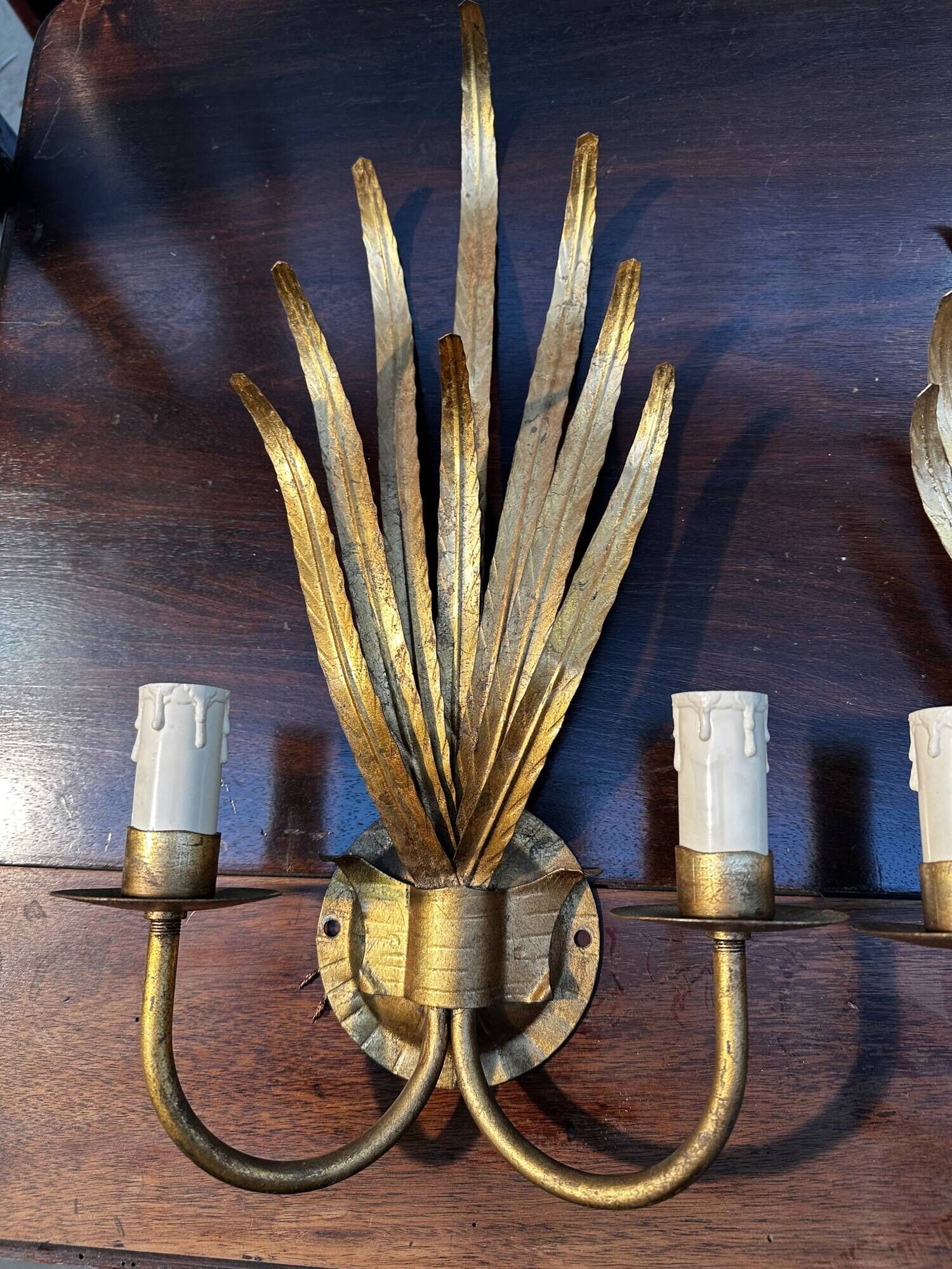 Pair of gold metal foliage spray sconces in the Bagues style - Vintage 70's