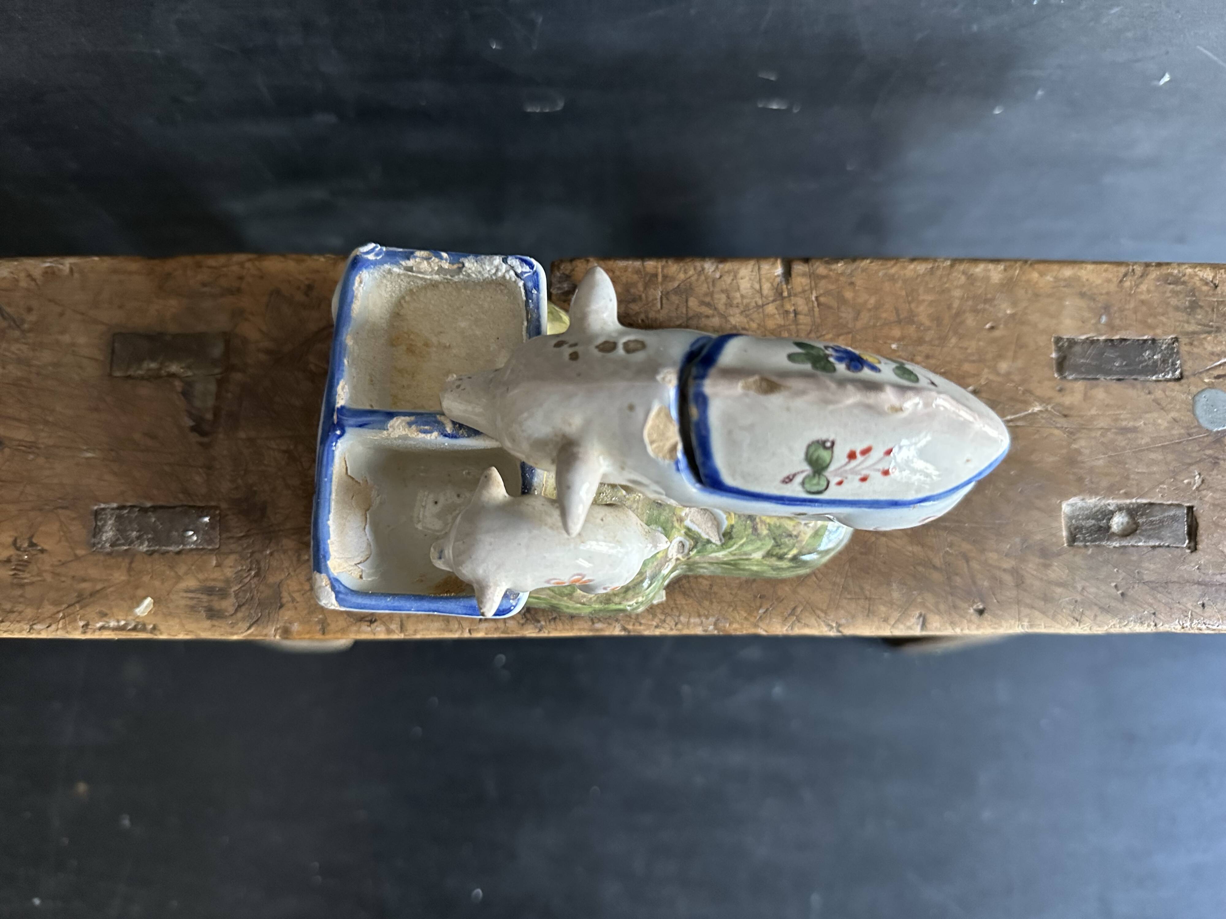 Antique earthenware pig box, salt cellar or mustard pot, floral decoration.