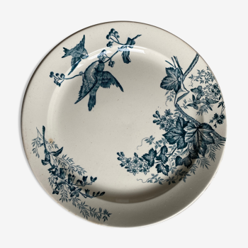 Round plate in Iron Earth "Birds" of vintage green color