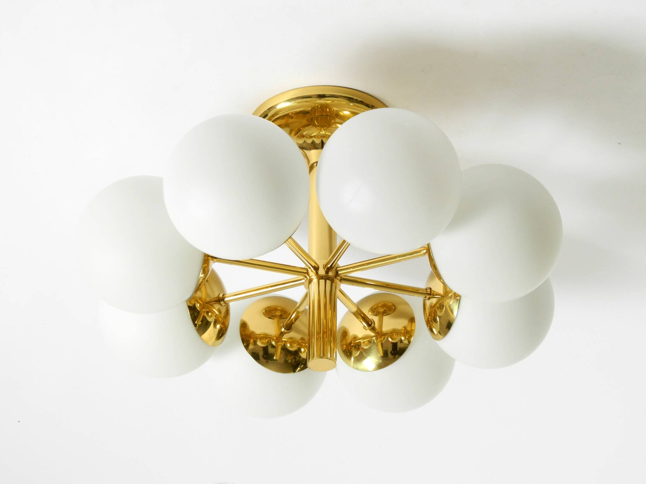 1960s Space Age brass ceiling lamp with 8 glass balls by Kaiser Leuchten