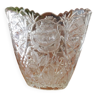 Vase cristal Saint Louis taillé rectangulaire décoré de roses
