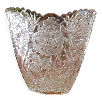 Rectangular cut Saint Louis crystal vase decorated with roses