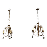 Pair of Golden Metal Chandeliers with Leaf and Grape Decorations