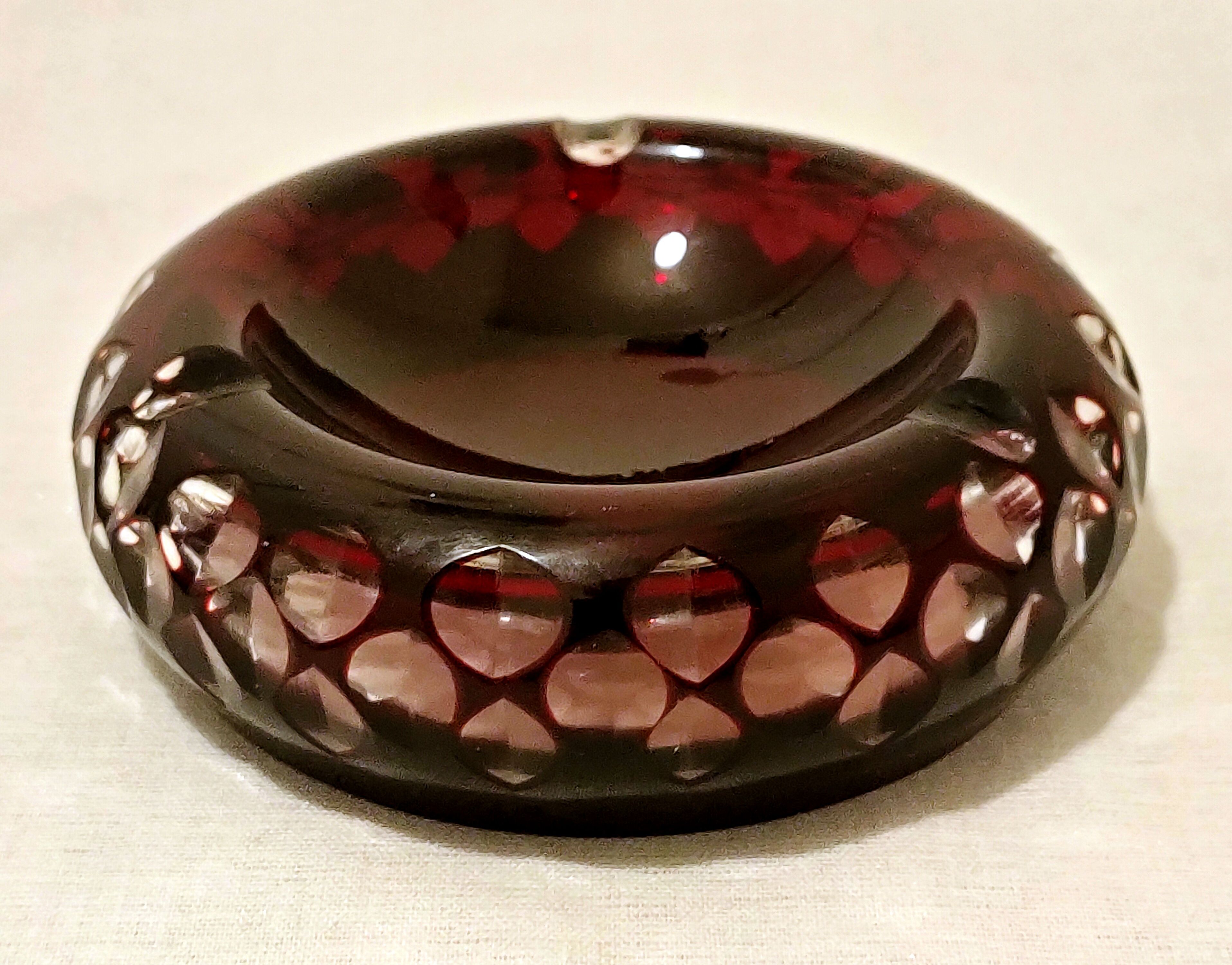 Cut Overlay crystal ashtray Bohemian crystal factory with three notches cigarettes - perfect condition