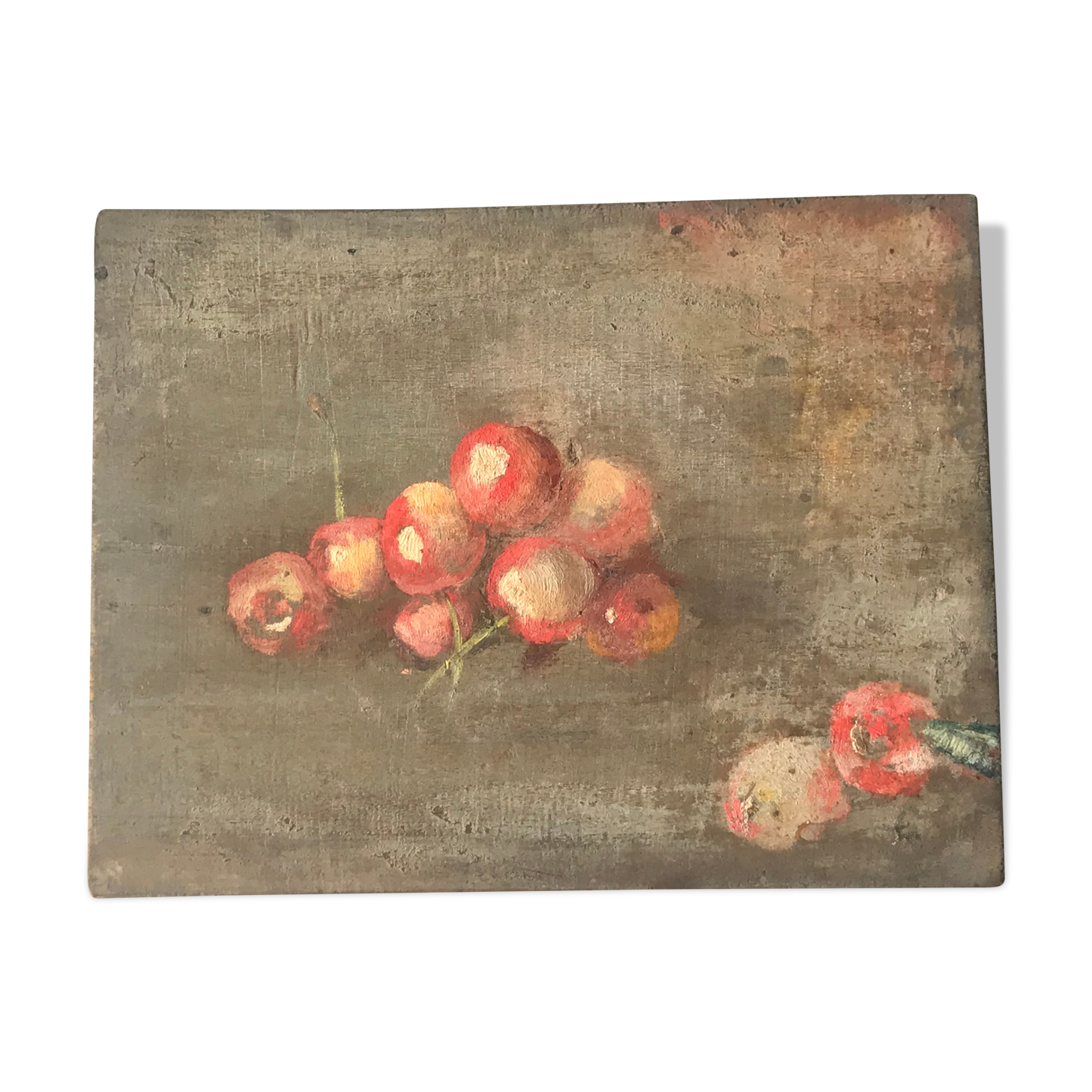 Oil on wood cherries and hedgehog small format painted double-sided