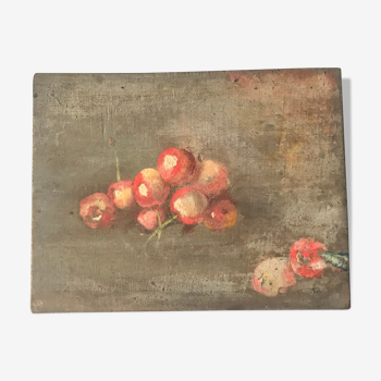 Oil on wood cherries and hedgehog small format painted double-sided