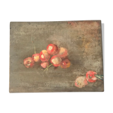 Oil on wood cherries and hedgehog small format painted double-sided