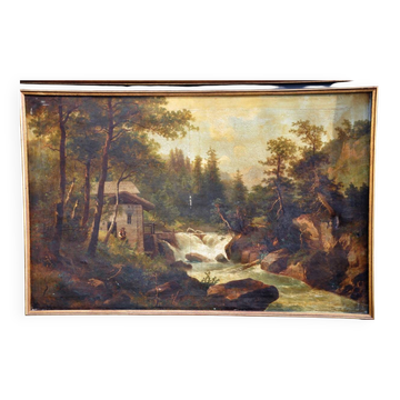 Huile sur toile paysage montagnard, milieu XIXe siècle