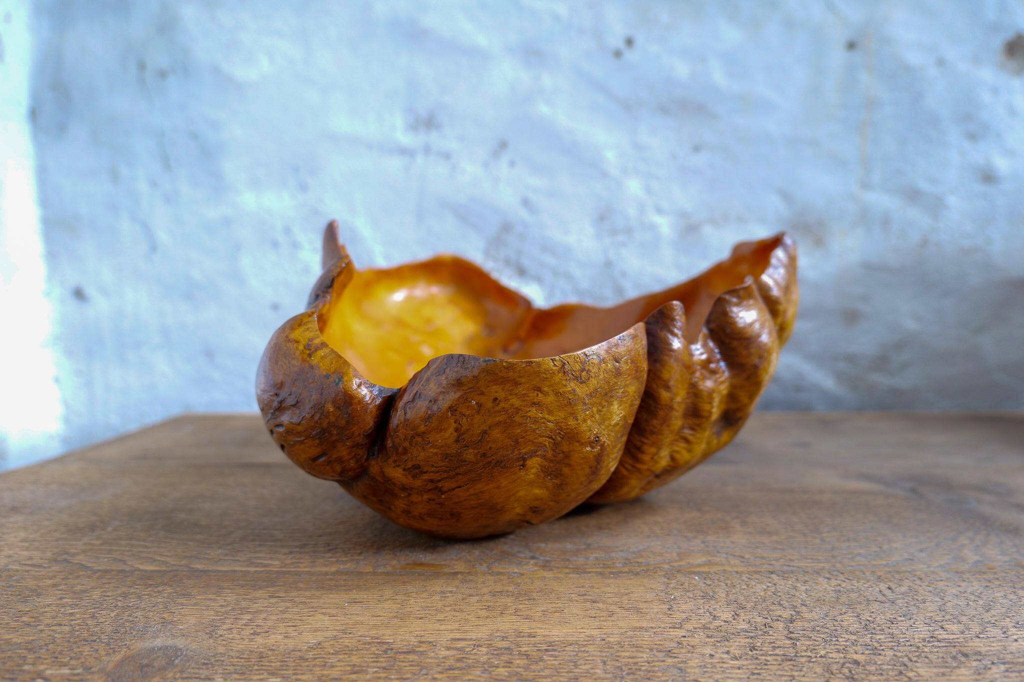 Swedish popular art Very large bowl in dark and curly birch, 1960s