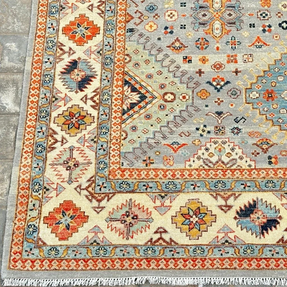 Modern Hand-Knotted Wool Area Rug for Living Room, Blue Geometric Medallion Design Carpet