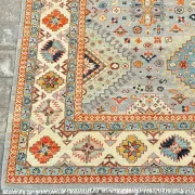 Modern Hand-Knotted Wool Area Rug for Living Room, Blue Geometric Medallion Design Carpet